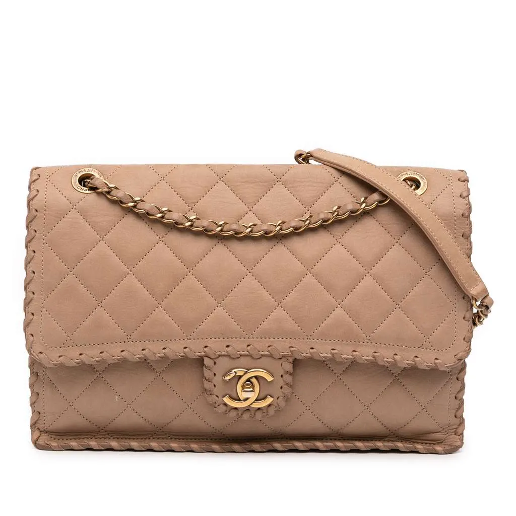 Chanel Jumbo Quilted Iridescent Calfskin Happy Stitch Flap Brown Leather Good - Front View