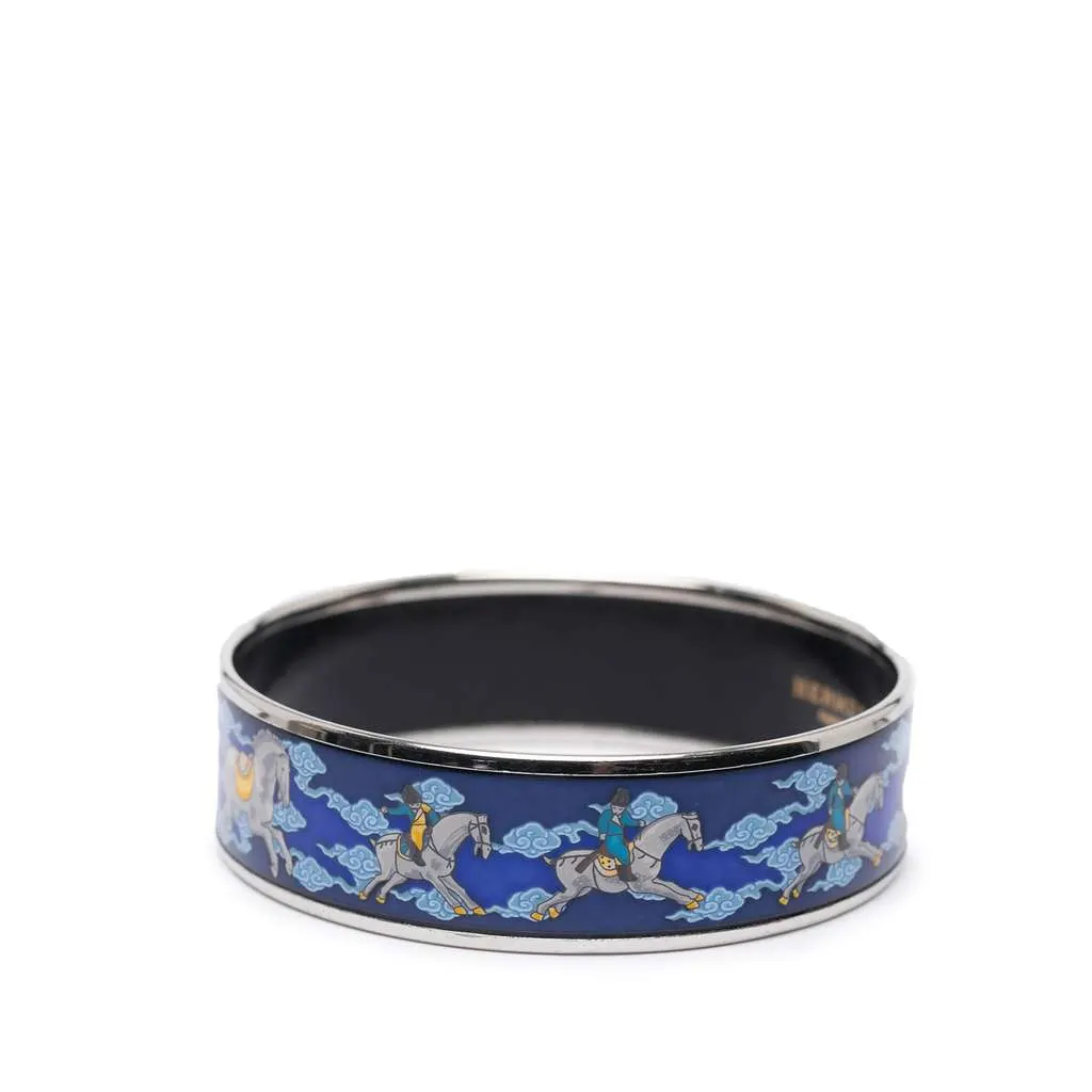 Hermès Wide Enamel Horse Riding Motif Bangle Blue Good - Front View