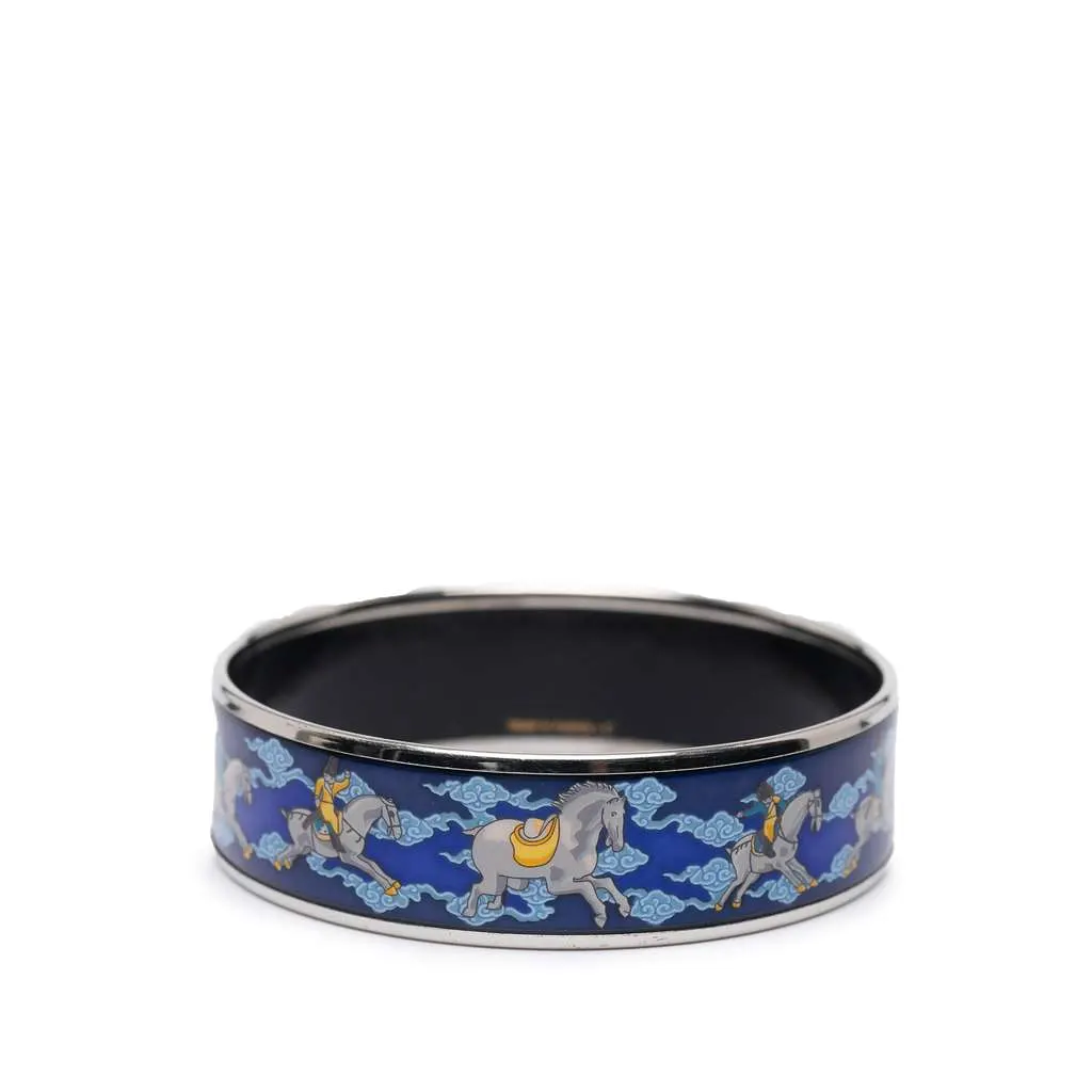 Hermès Wide Enamel Horse Riding Motif Bangle Blue Good - Back View