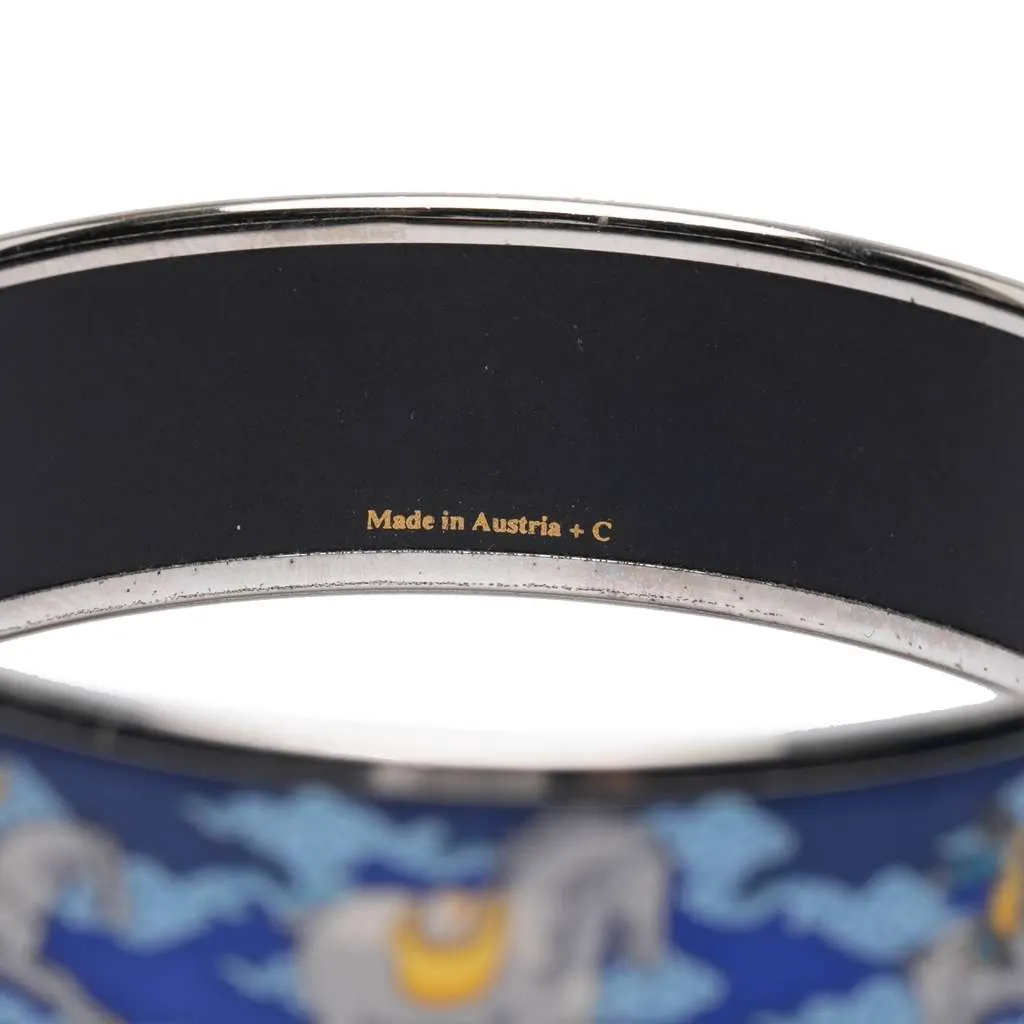 Hermès Wide Enamel Horse Riding Motif Bangle Blue Good - Box View
