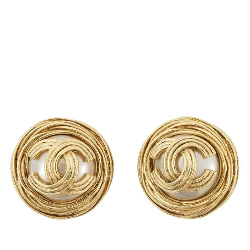 Chanel Gold Plated CC Faux Pearl Round Clip on Earrings