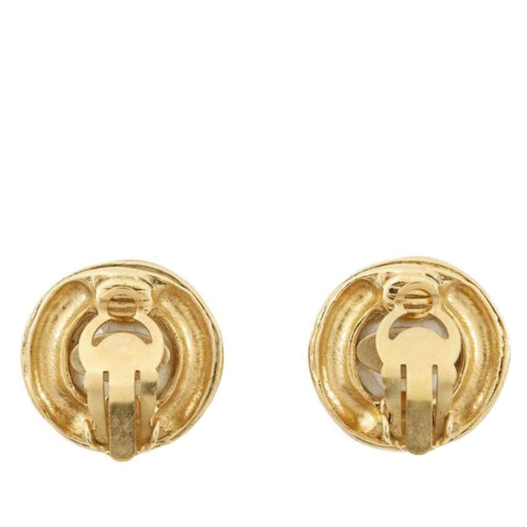 Chanel Gold Plated CC Faux Pearl Round Clip on Earrings - Back view