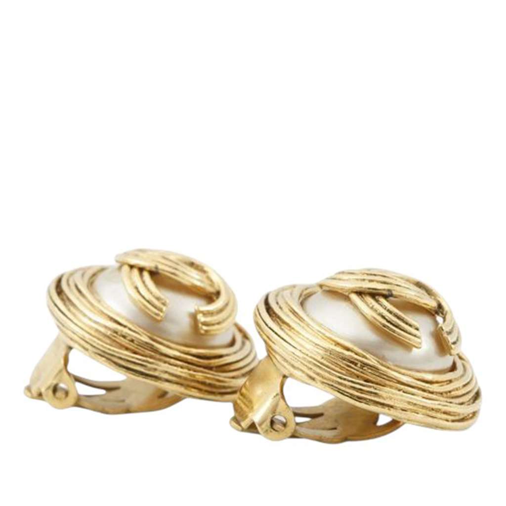 Chanel Gold Plated CC Faux Pearl Round Clip on Earrings - Image 6