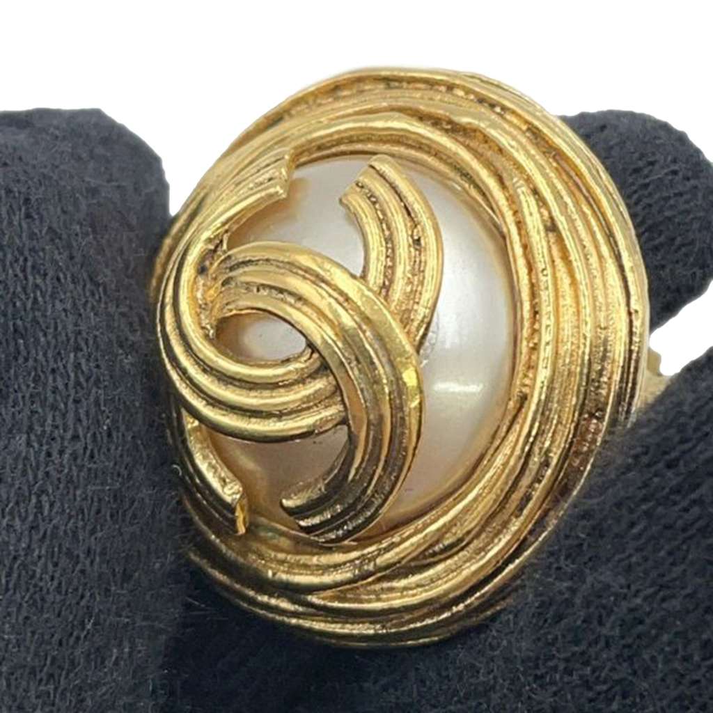 Chanel Gold Plated CC Faux Pearl Round Clip on Earrings - Side view