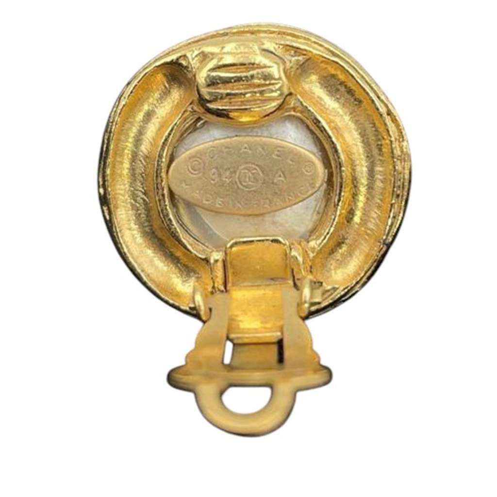 Chanel Gold Plated CC Faux Pearl Round Clip on Earrings - Image 11