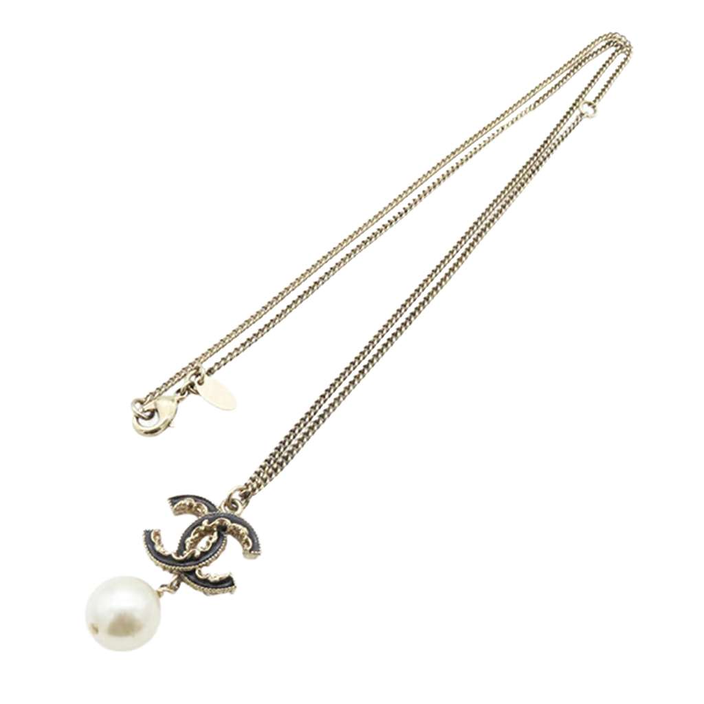 Chanel Gold Plated CC Resin Pearl Drop Pendant Necklace