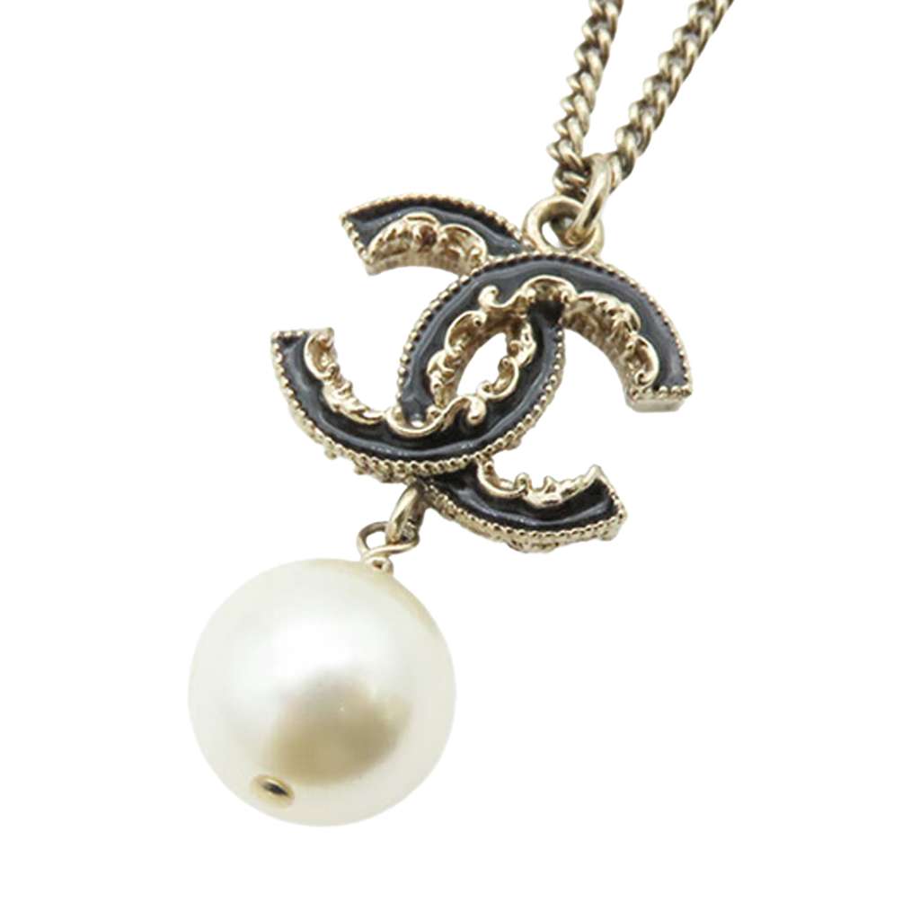 Chanel Gold Plated CC Resin Pearl Drop Pendant Necklace - Back view