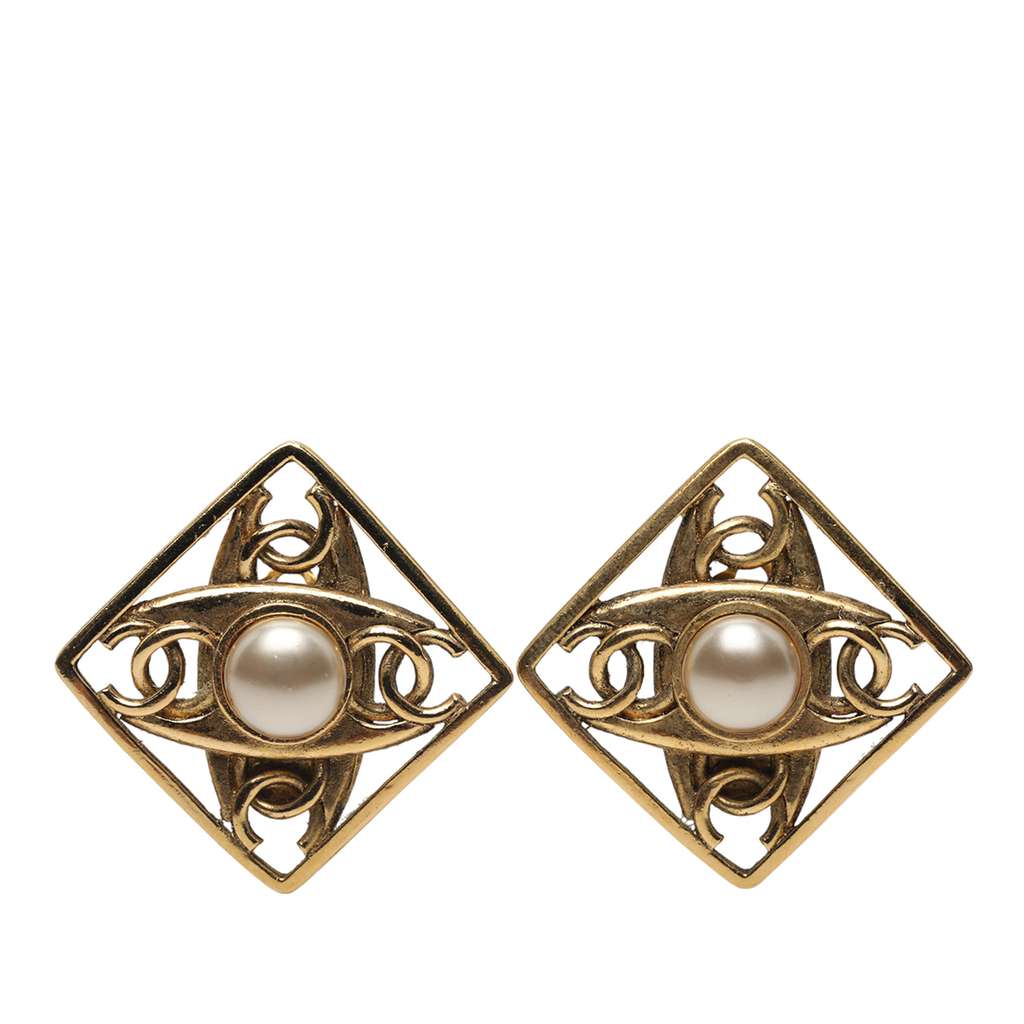 Chanel Gold Plated Faux Pearl CC Diamond Shaped Clip On Earrings