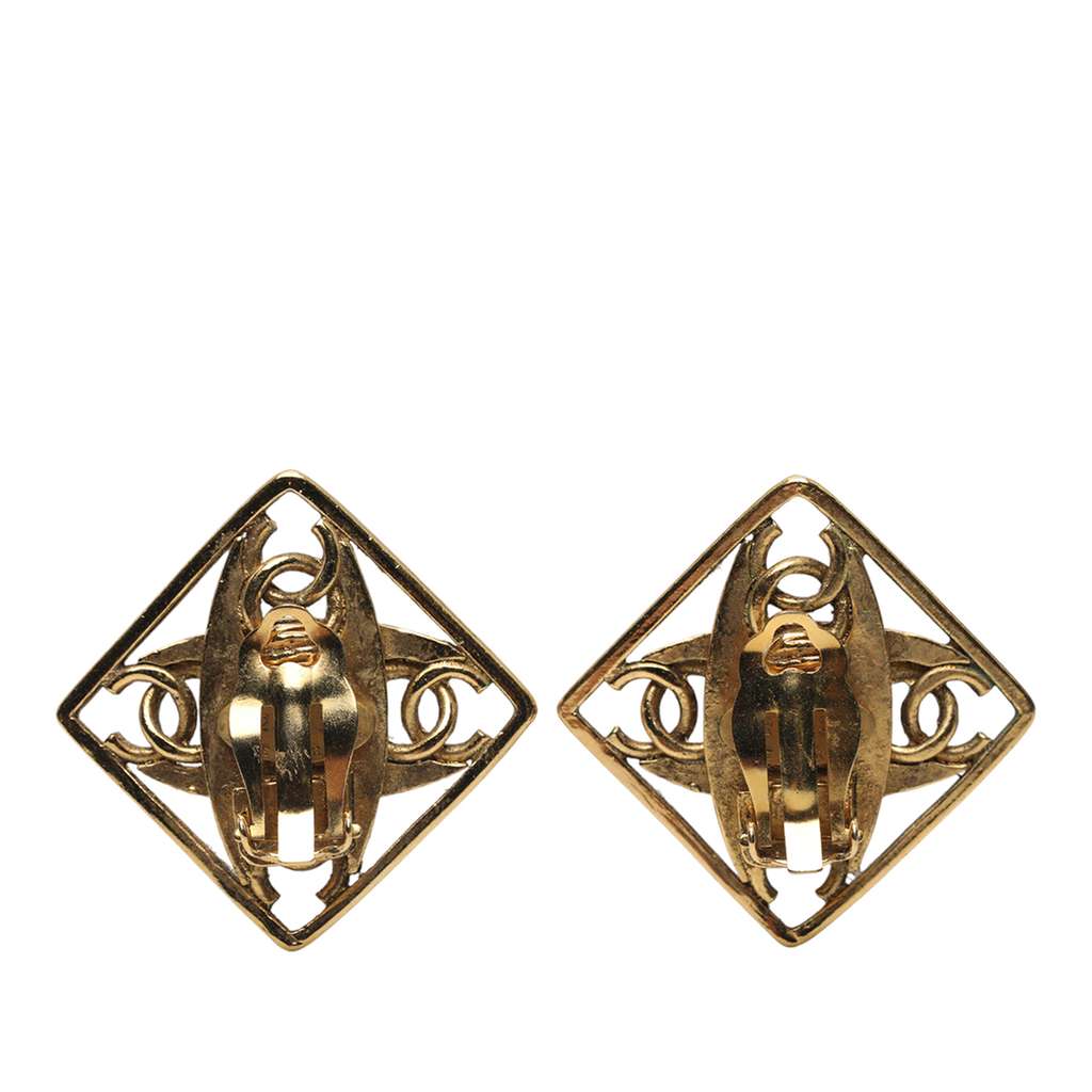 Chanel Gold Plated Faux Pearl CC Diamond Shaped Clip On Earrings - Back view