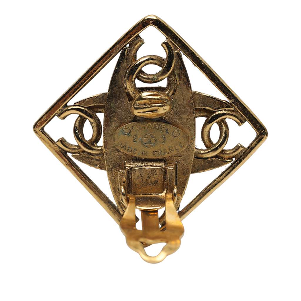 Chanel Gold Plated Faux Pearl CC Diamond Shaped Clip On Earrings - Image 6