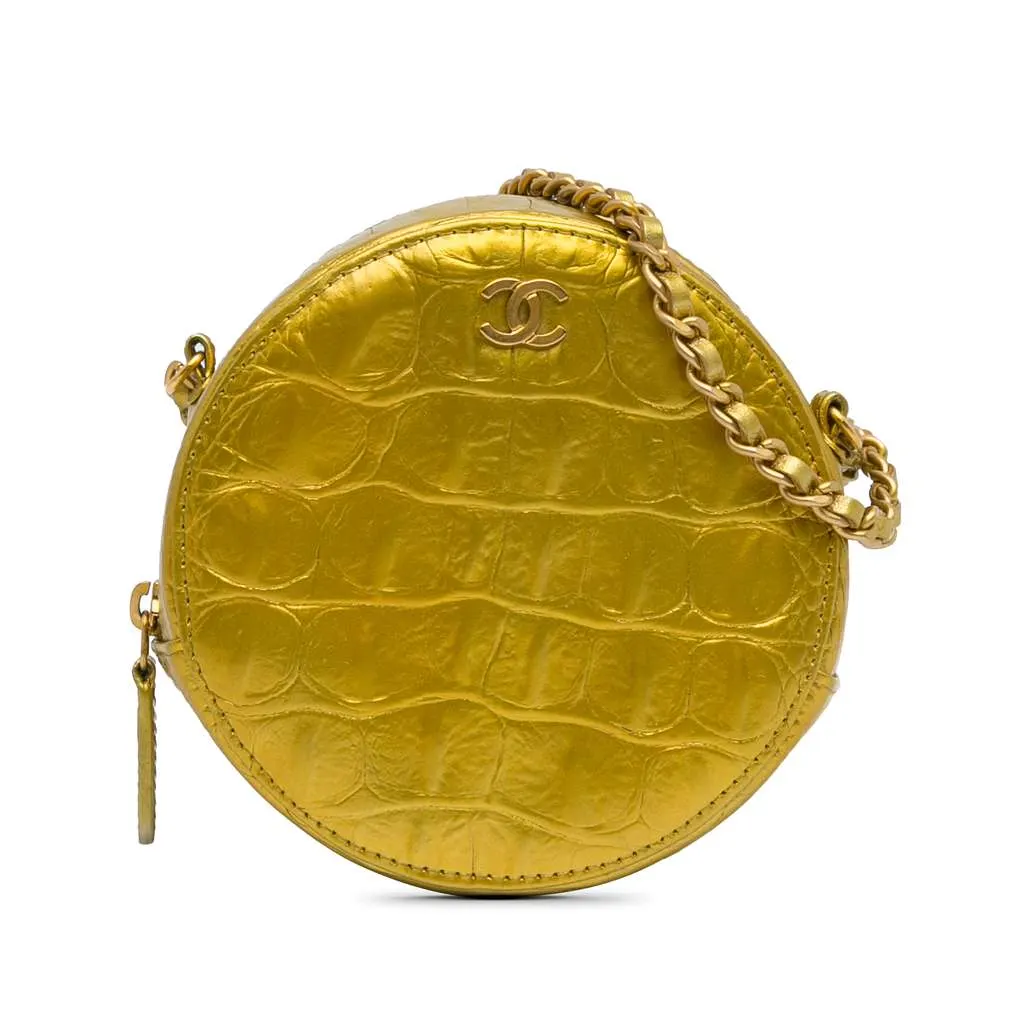 Chanel Paris-New York Coco Croc Round Crossbody Bag Gold Leather Good - Front View