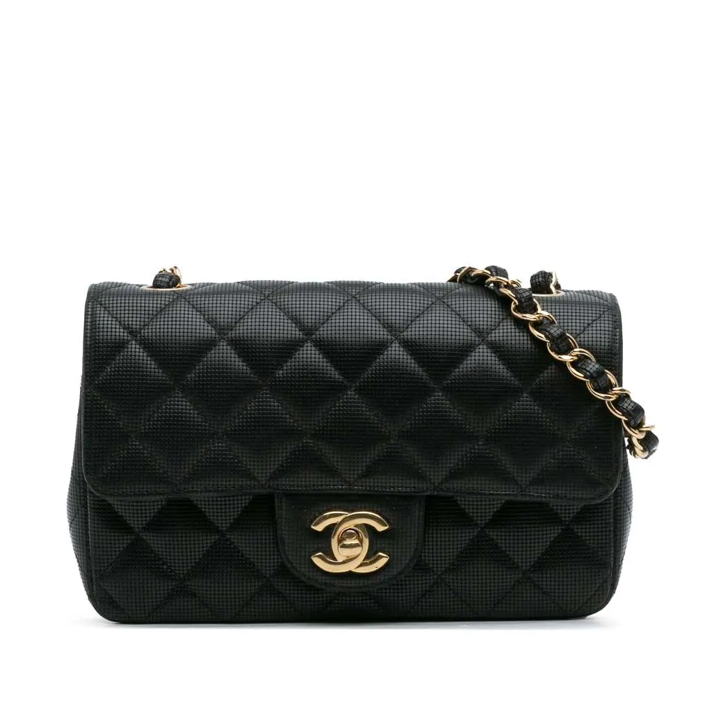 Chanel Mini Rectangular Classic Calfskin Pixel Effect Single Flap Black Leather Good - Front View