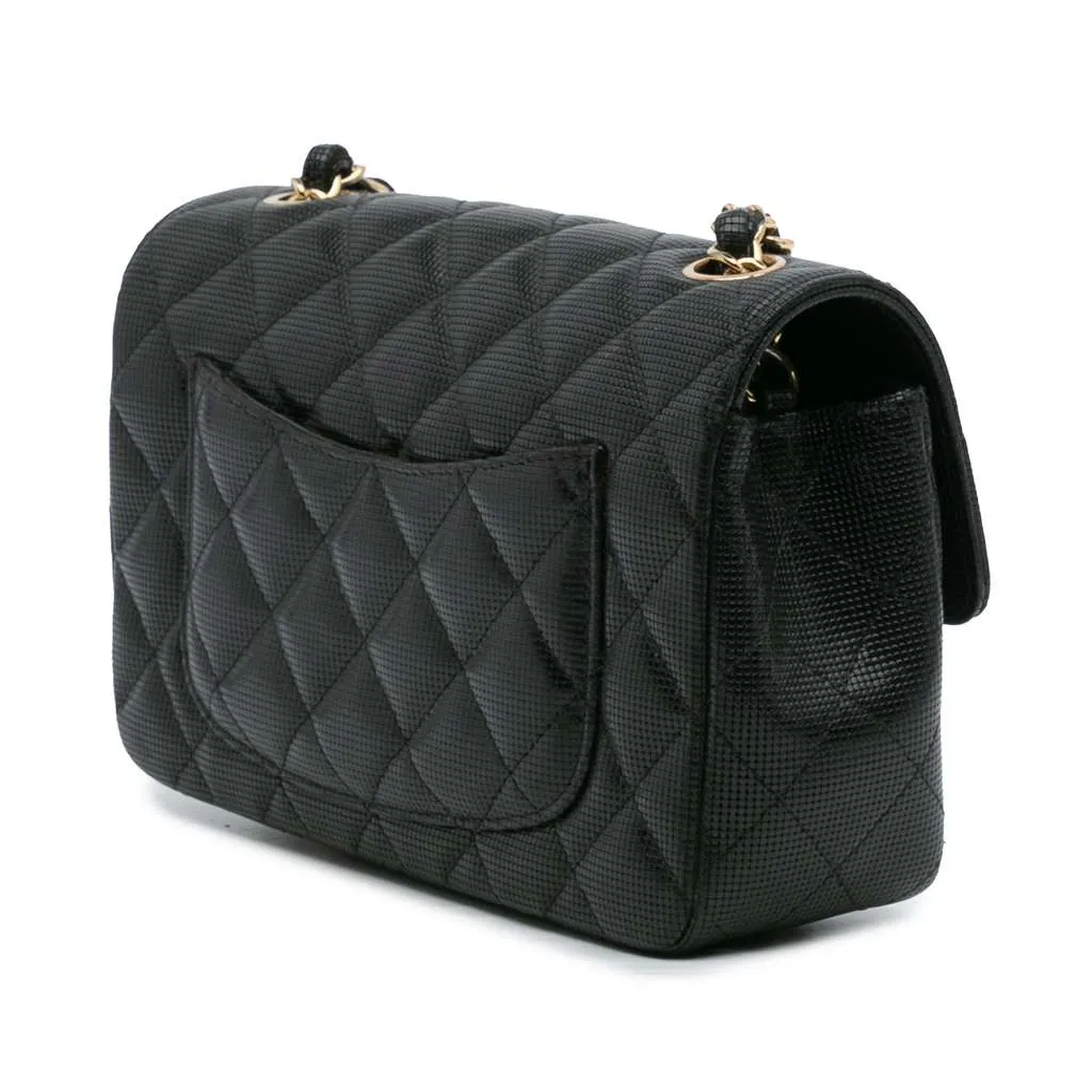 Chanel Mini Rectangular Classic Calfskin Pixel Effect Single Flap Black Leather Good - Back View