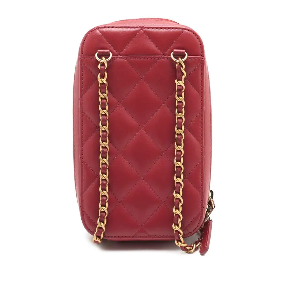 Chanel CC Quilted Lambskin Zip Phone Case Red Leather Very good - Back View