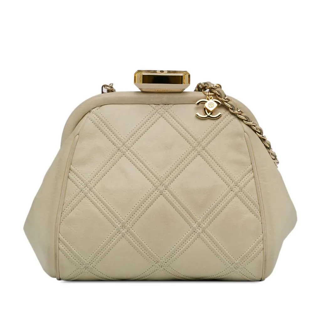 Chanel Calfskin Kiss Lock Frame Bag White Leather Good - Front View