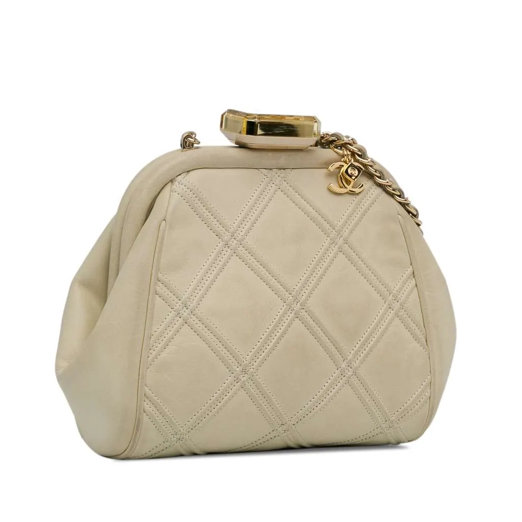 Chanel Calfskin Kiss Lock Frame Bag White Leather Good - Back View