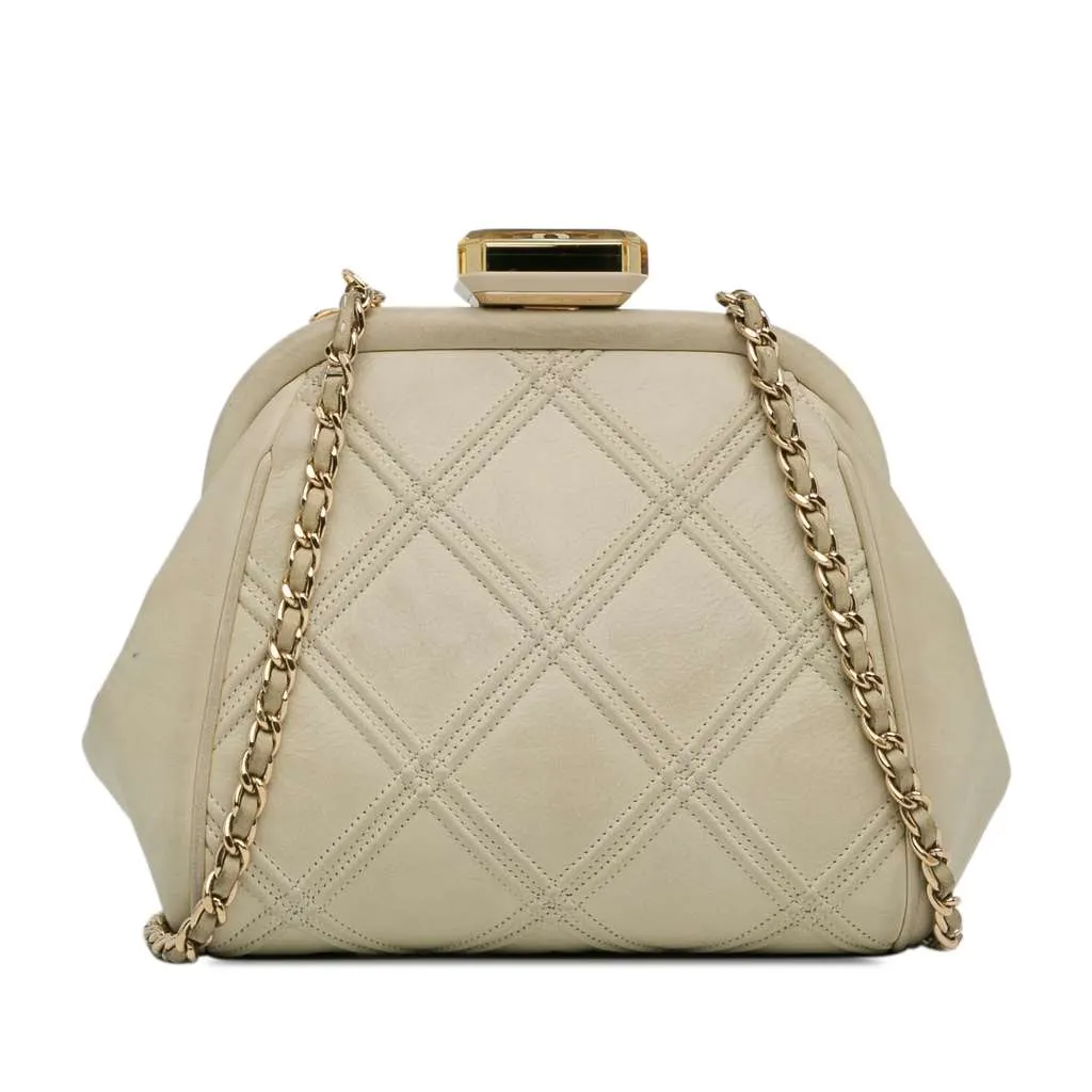 Chanel Calfskin Kiss Lock Frame Bag White Leather Good - Inside View