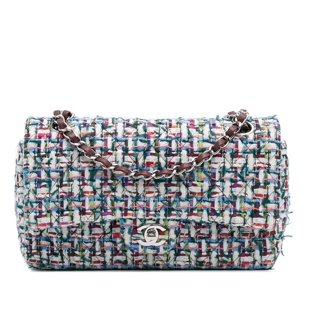 Chanel Medium Classic Tweed Double Flap White Tweed Good - Front View