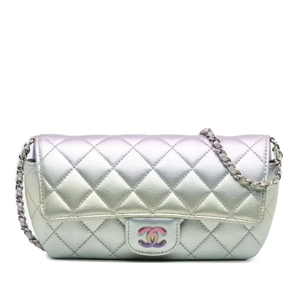 Chanel Gradient Metallic Quilted Calfskin Glasses Case With Chain Silver Leather Good - Front View