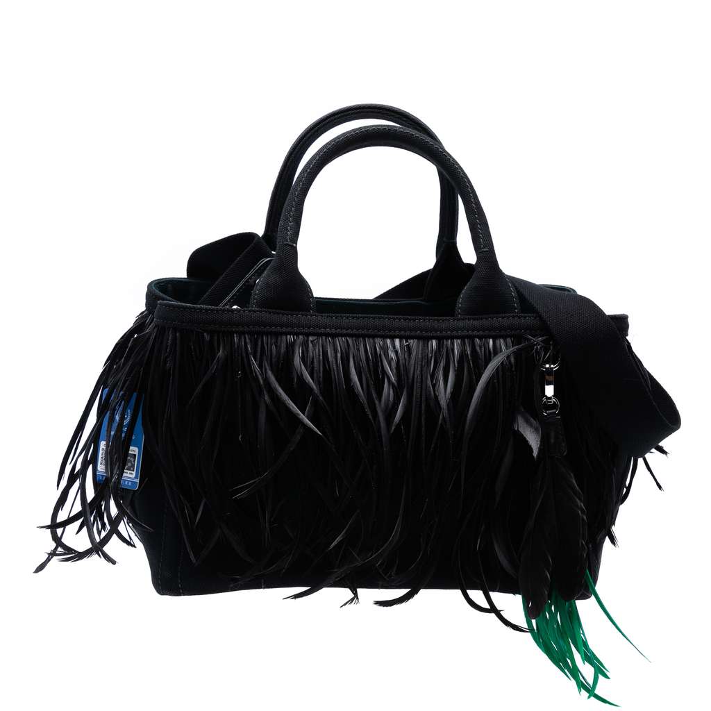 Prada Small Feather Trimmed Canvas Canapa Satchel