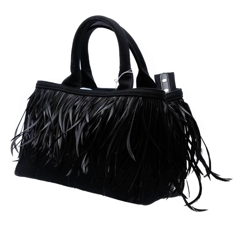 Prada Small Feather Trimmed Canvas Canapa Satchel - Back view