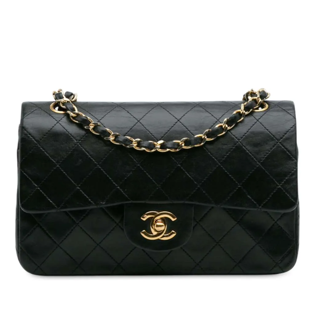 Chanel Small Classic Lambskin Double Flap Black Leather Good - Front View