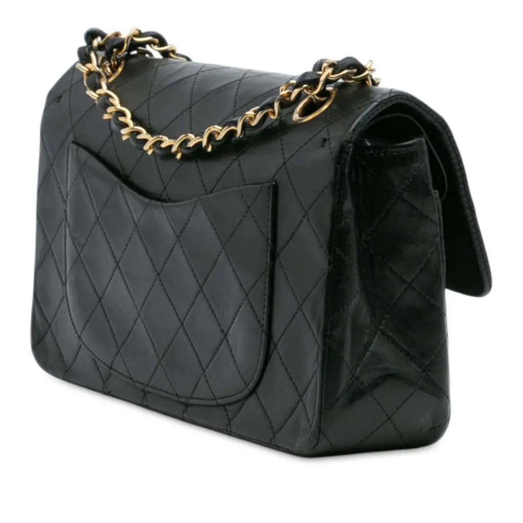 Chanel Small Classic Lambskin Double Flap Black Leather Good - Back View
