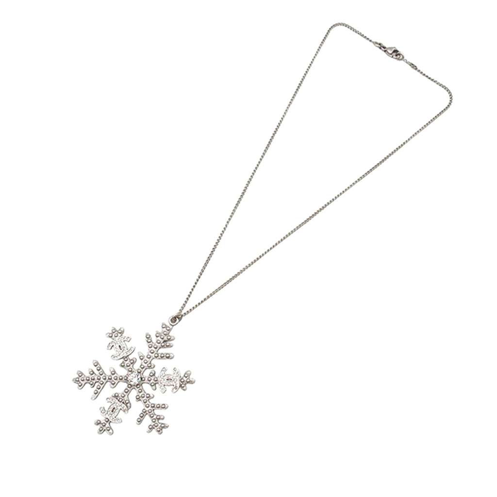 Chanel Silver Plated CC Rhinestone Snowflake Pendant Necklace