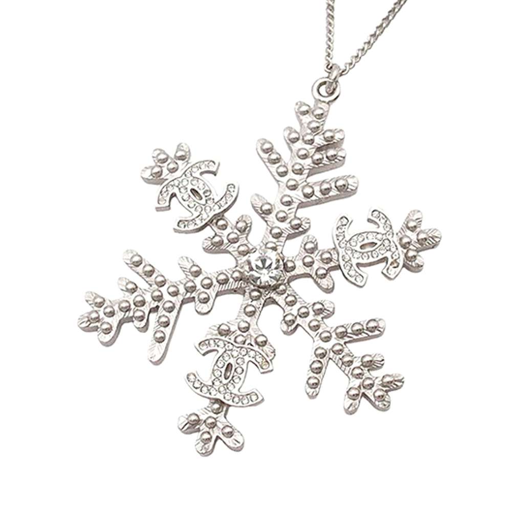 Chanel Silver Plated CC Rhinestone Snowflake Pendant Necklace - 2