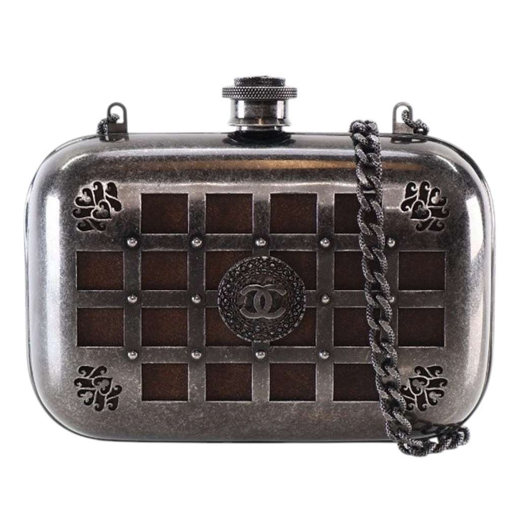 Chanel Paris Edinburgh Mini Gunmetal Grid Cage Clutch on Chain