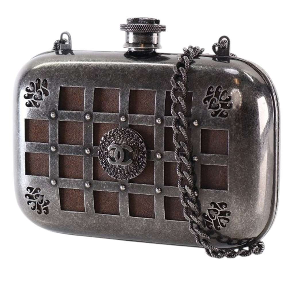 Chanel Paris Edinburgh Mini Gunmetal Grid Cage Clutch on Chain - Back view