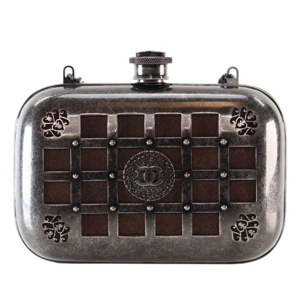 Chanel Paris Edinburgh Mini Gunmetal Grid Cage Clutch on Chain - 4