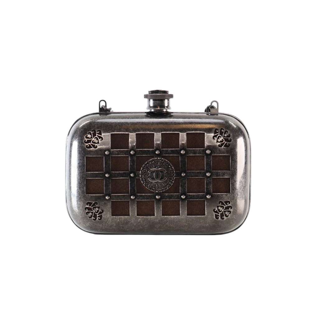 Chanel Paris Edinburgh Mini Gunmetal Grid Cage Clutch on Chain - Image 12