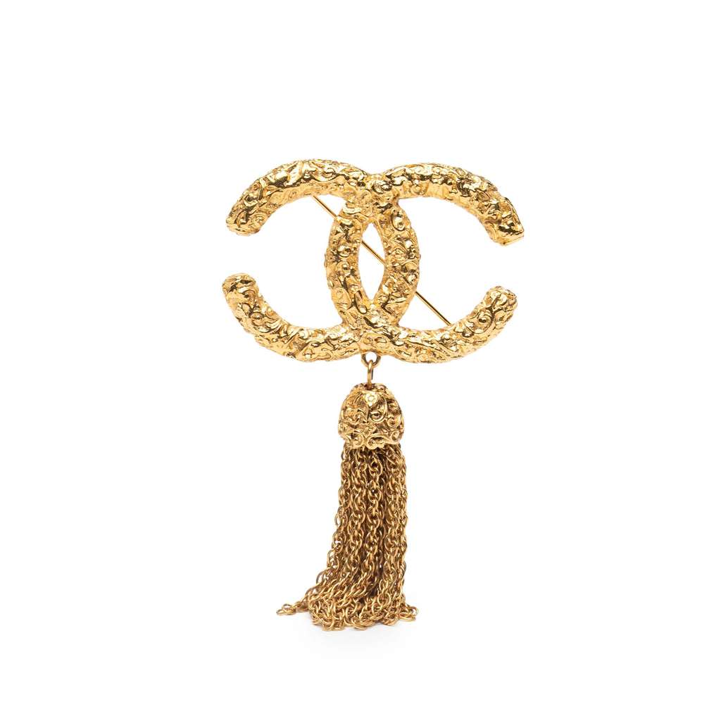 Chanel Gold Plated CC Logo Tassel Lava Fringe Brooch