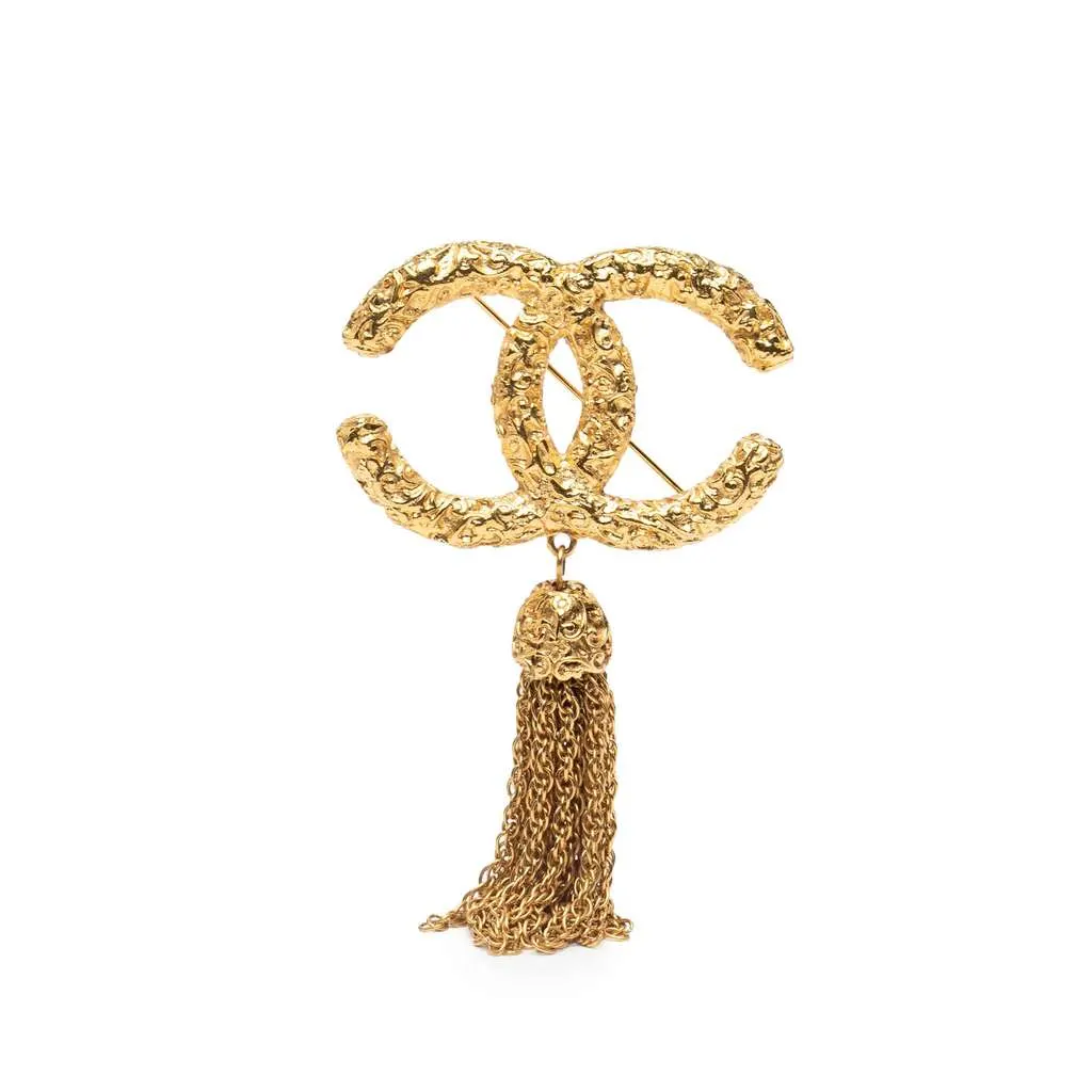 Chanel Gold Plated CC Logo Tassel Lava Fringe Brooch Gold Metal Good - Front View