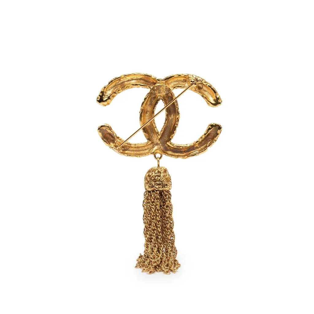Chanel Gold Plated CC Logo Tassel Lava Fringe Brooch Gold Metal Good - Back View