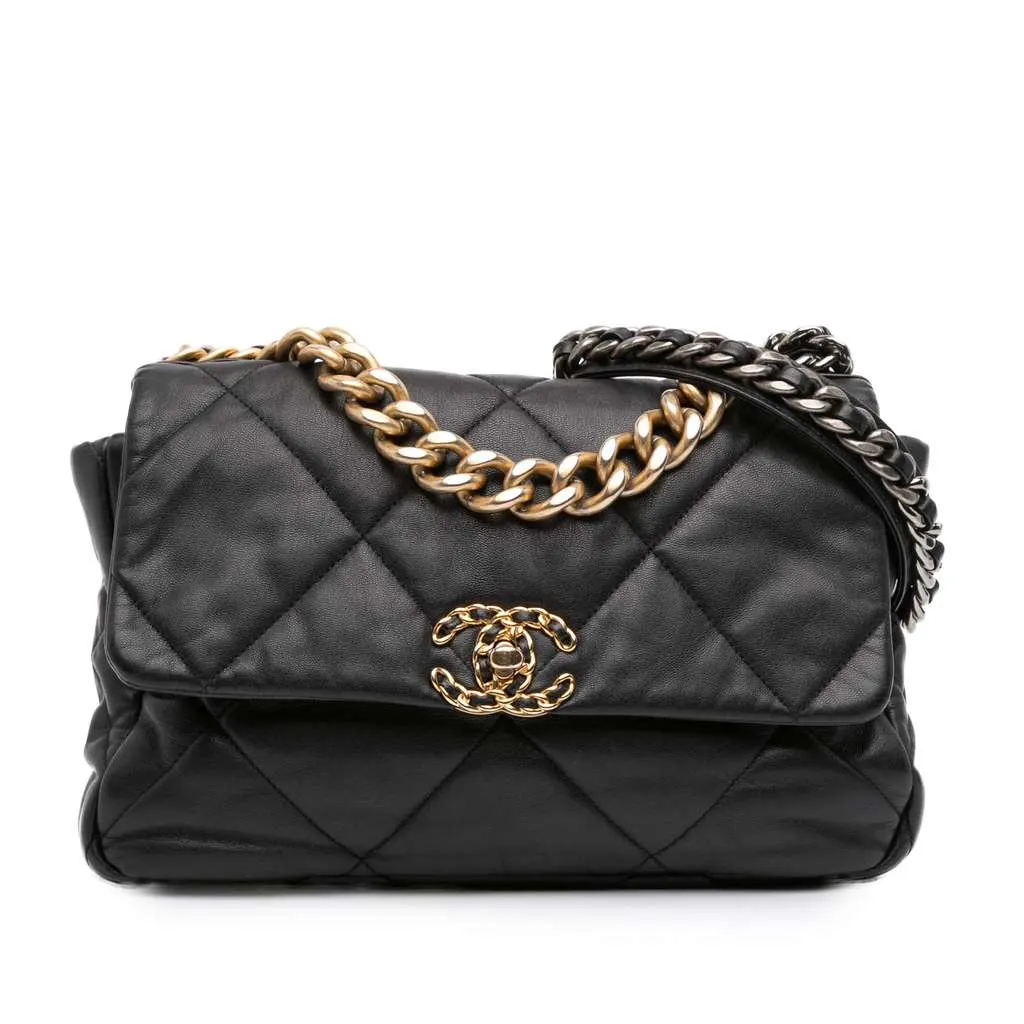 Chanel Large Lambskin 19 Flap Black Leather Good - Front View