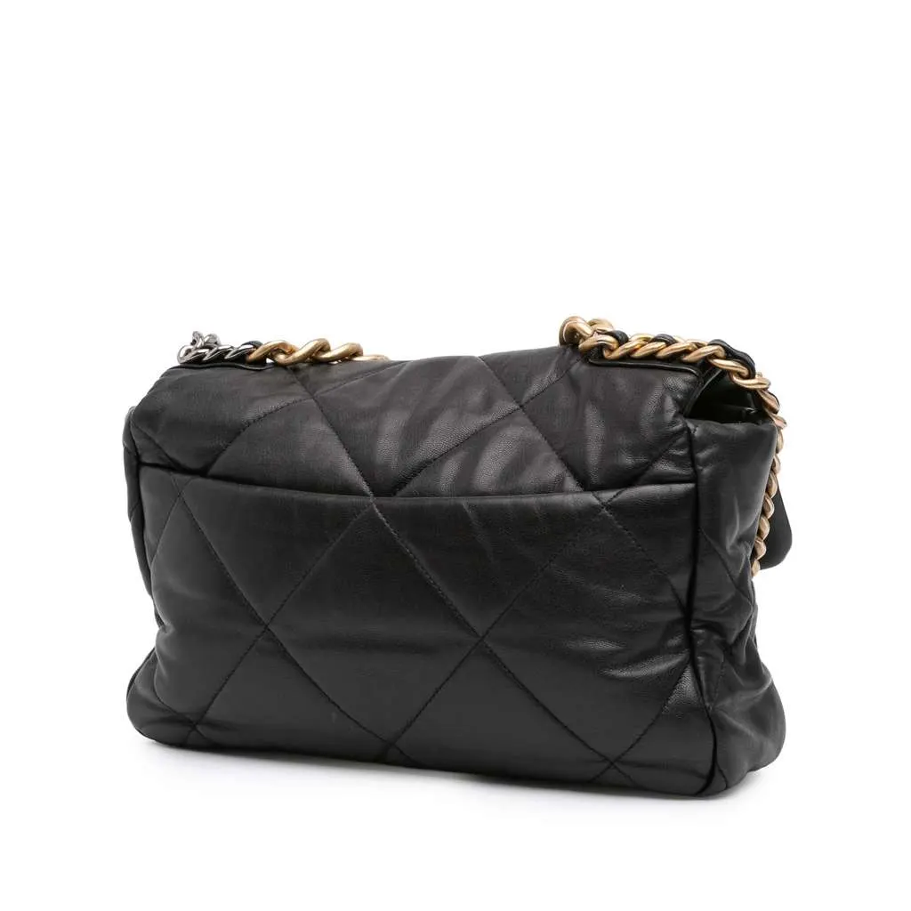 Chanel Large Lambskin 19 Flap Black Leather Good - Back View