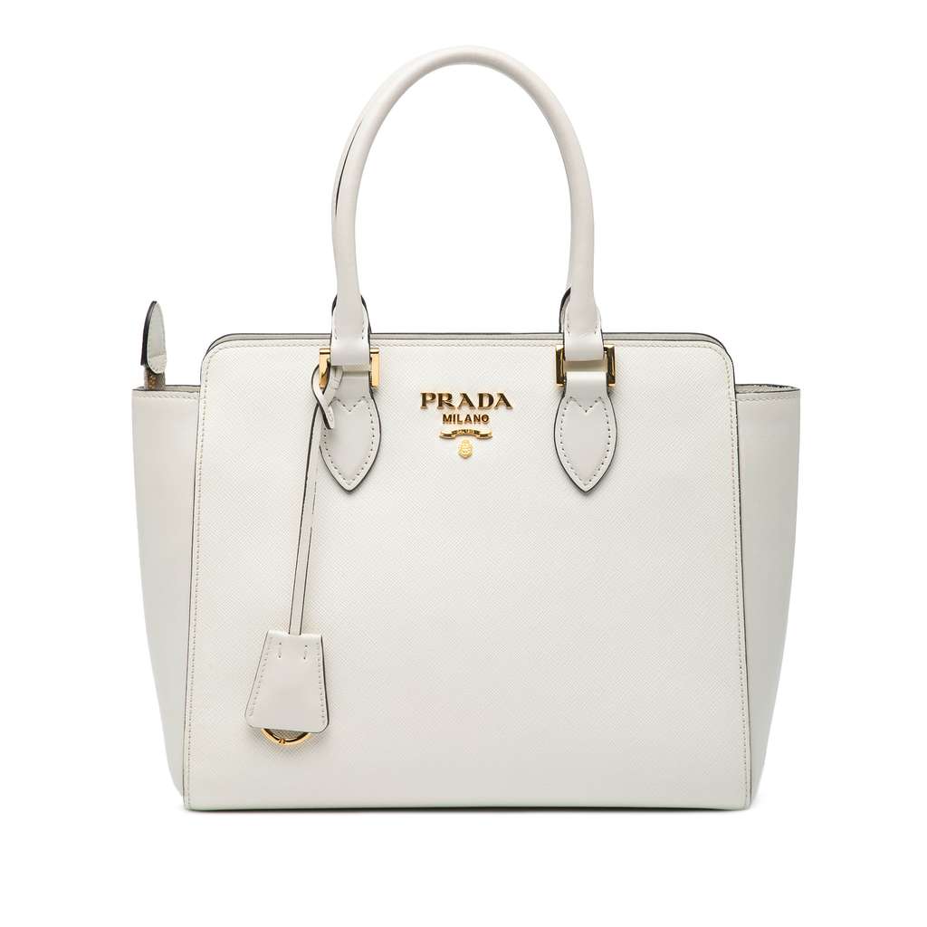 Prada Small Soft Calf Trimmed Saffiano Zippered Tote