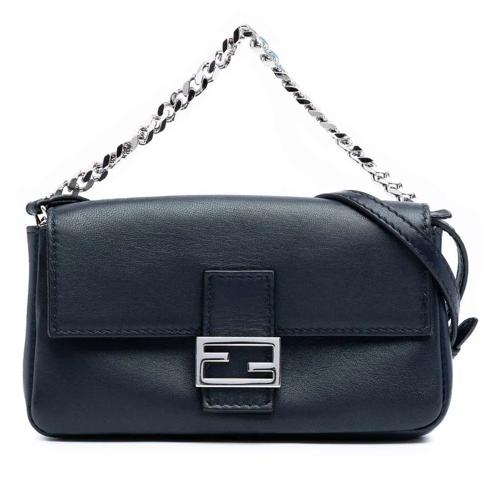 Fendi Micro Leather Baguette Satchel Blue Leather Good - Front View