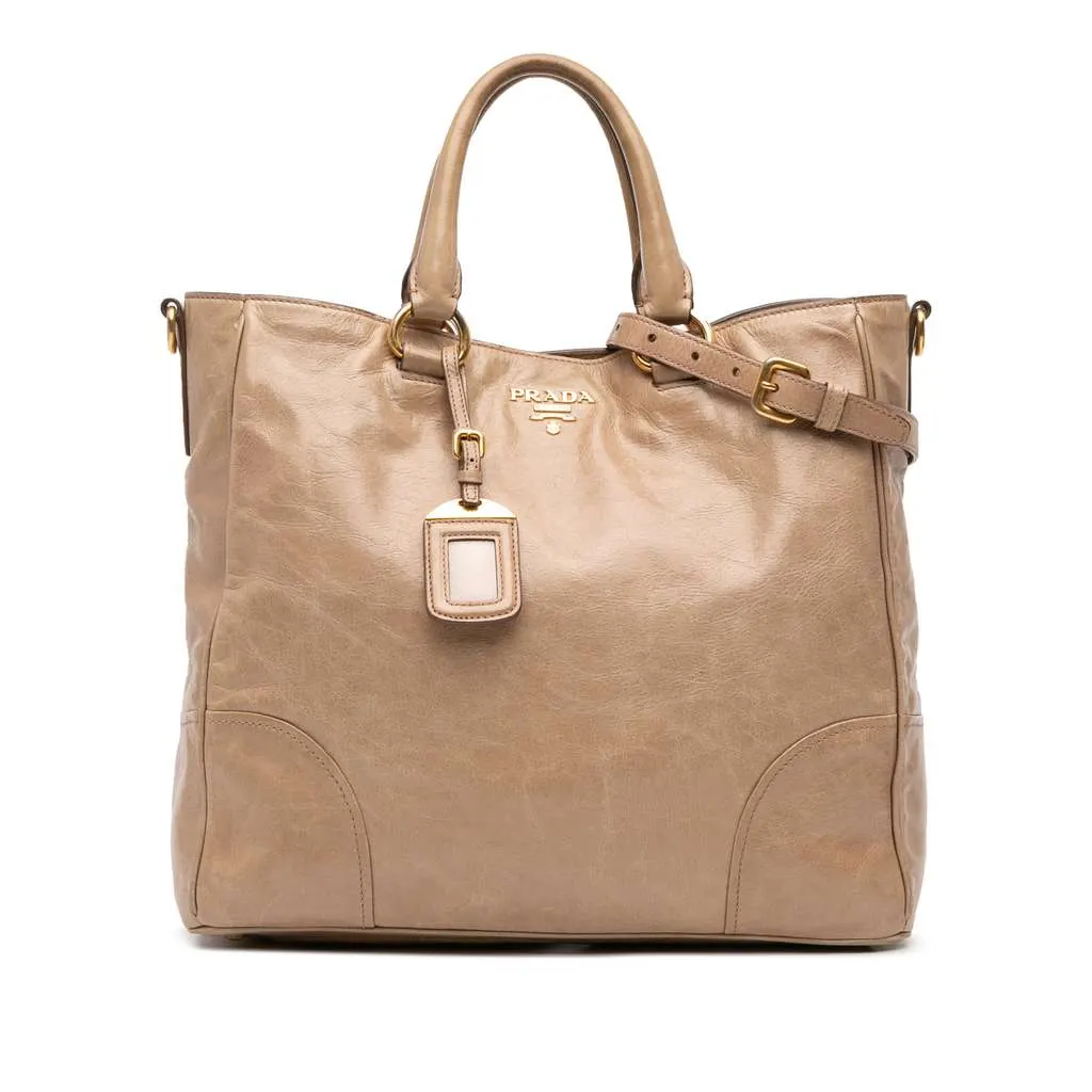 Prada Vitello Shine Satchel Brown Leather Good - Front View