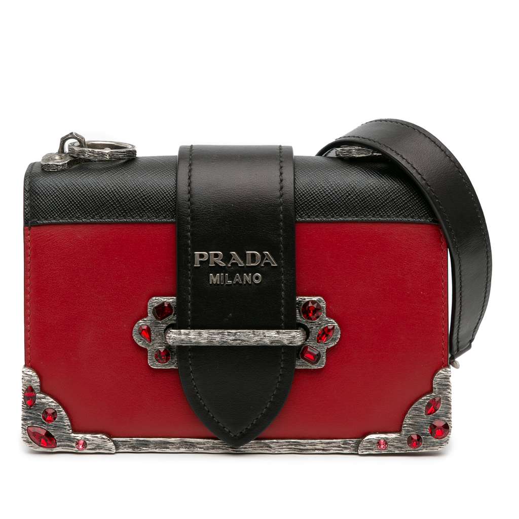 Prada Saffiano Trimmed City Calf Crystal Cahier Crossbody