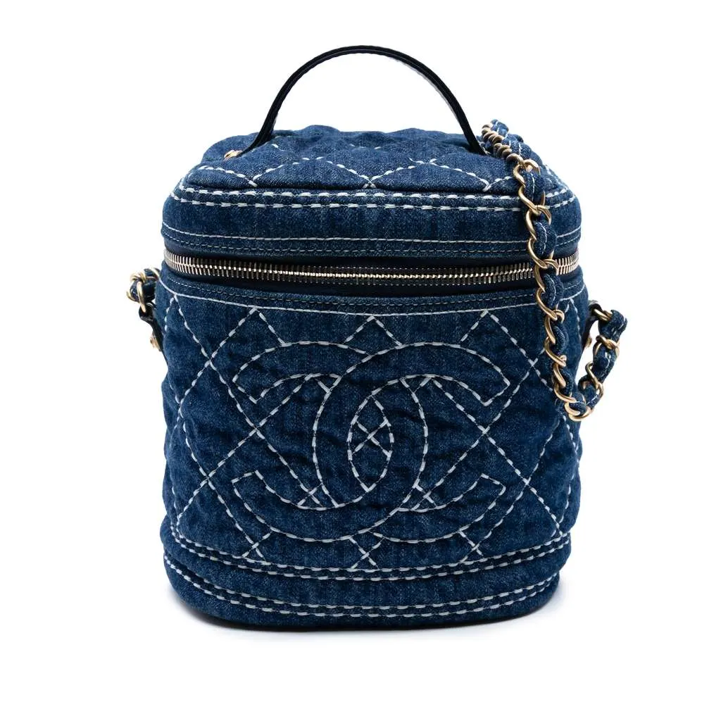 Chanel CC Quilted Denim Trip Vanity Case with Chain Blue Denim Very good - Front View