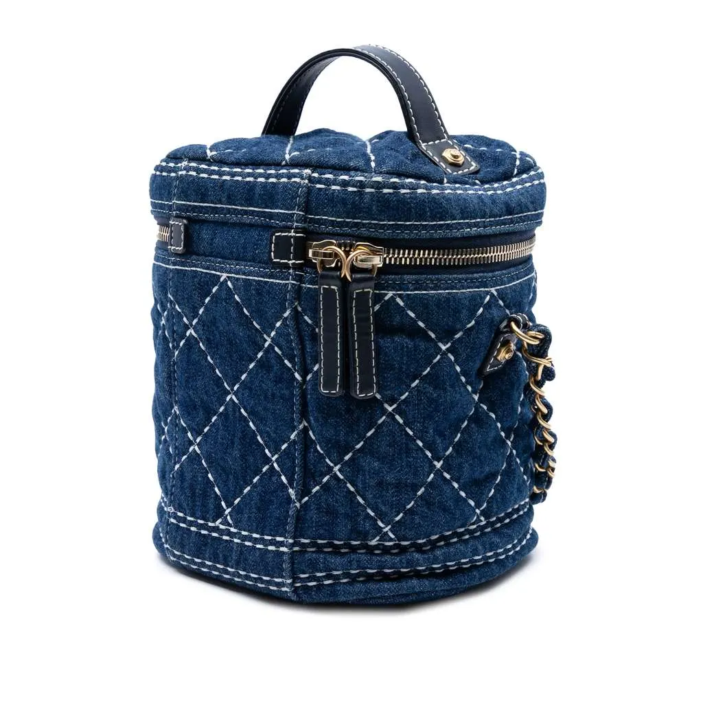 Chanel CC Quilted Denim Trip Vanity Case with Chain Blue Denim Very good - Back View