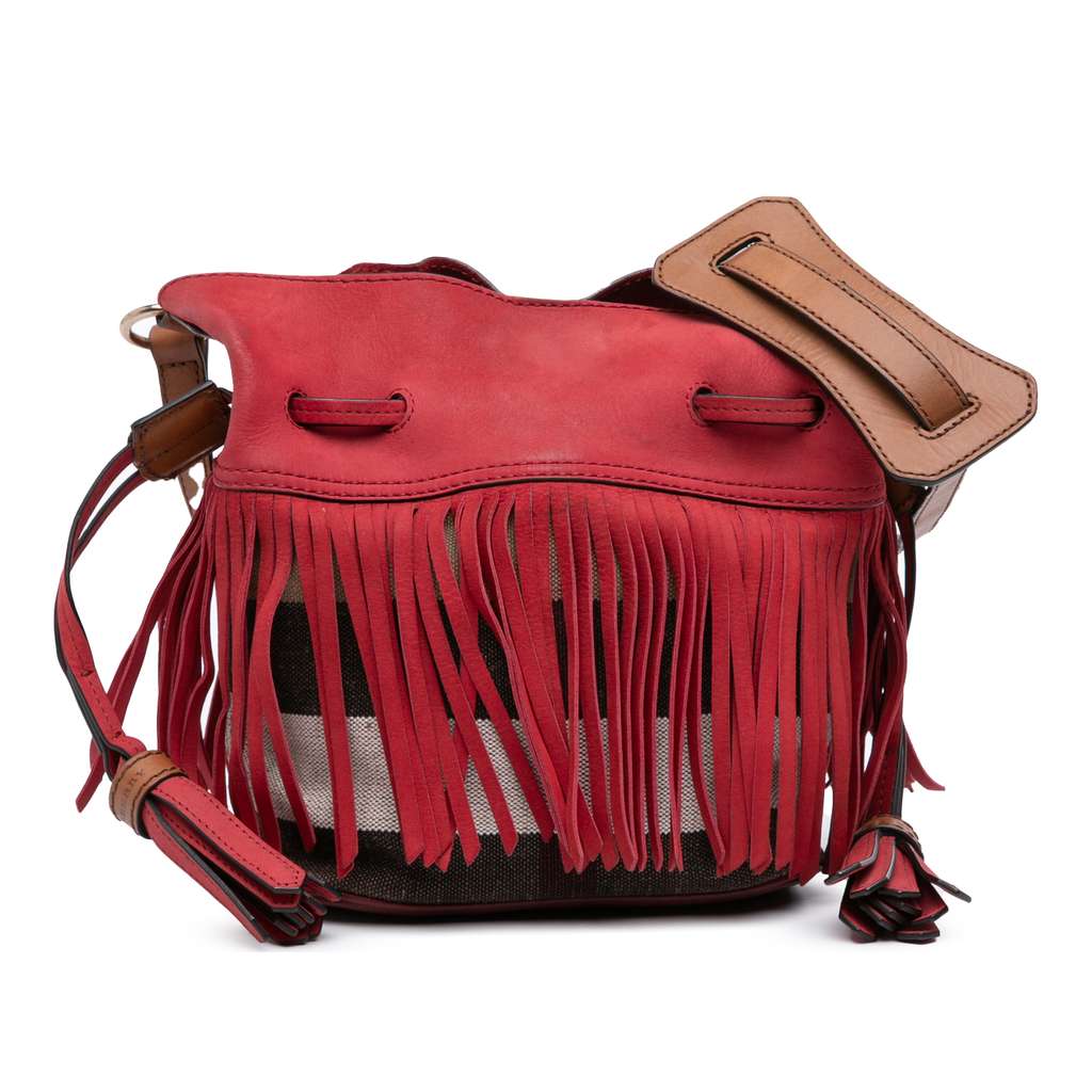 Burberry Small Mega Check Canvas and Suede Fringe Belgrove Bucket Bag