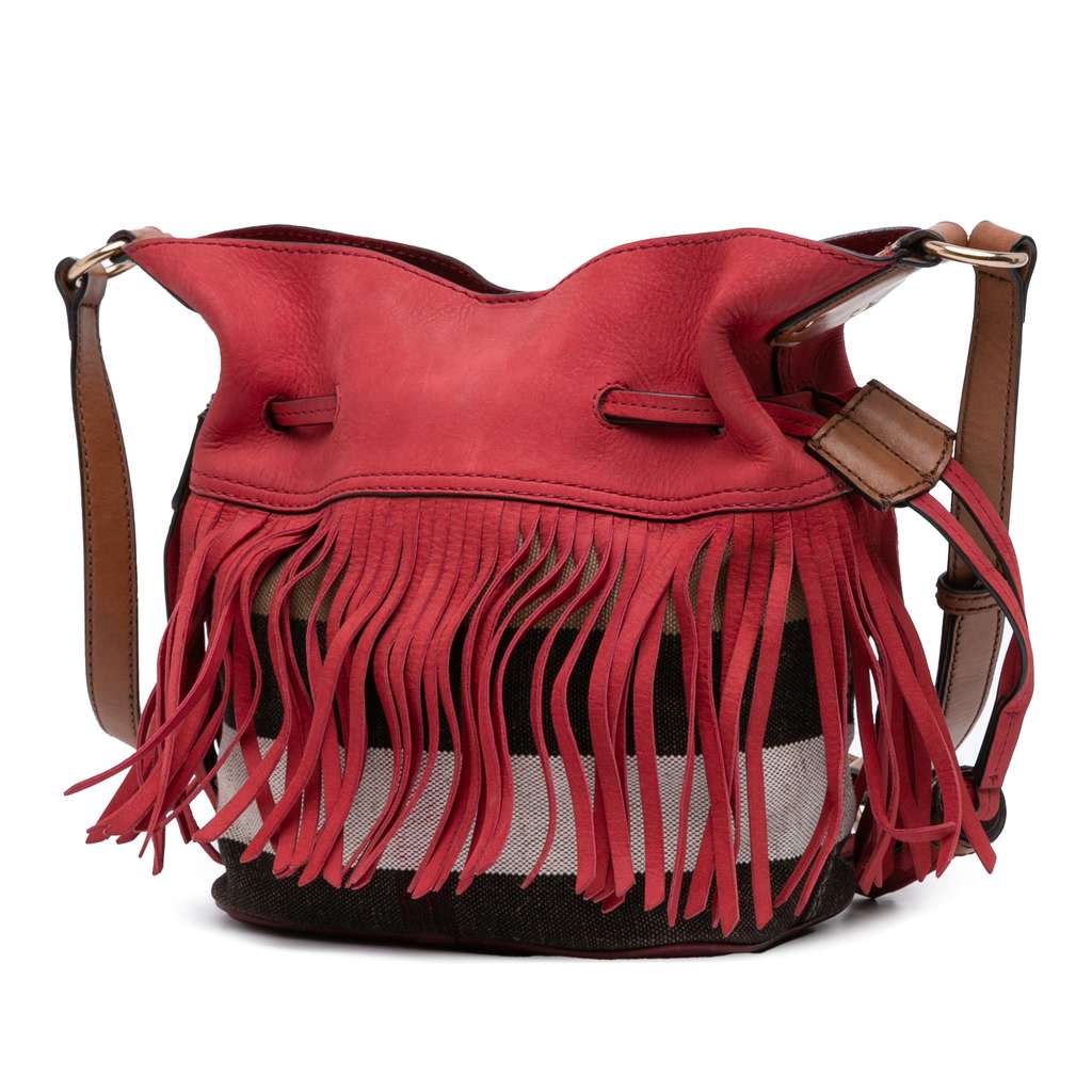 Burberry Small Mega Check Canvas and Suede Fringe Belgrove Bucket Bag - Back view