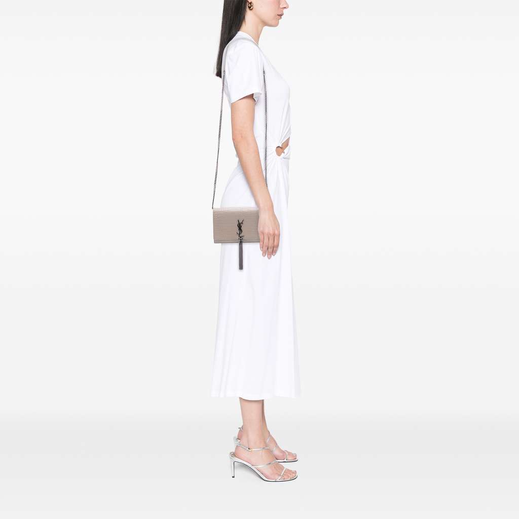 Saint Laurent Croc Embossed Leather Monogram Kate Tassel Wallet on Chain - Image 13