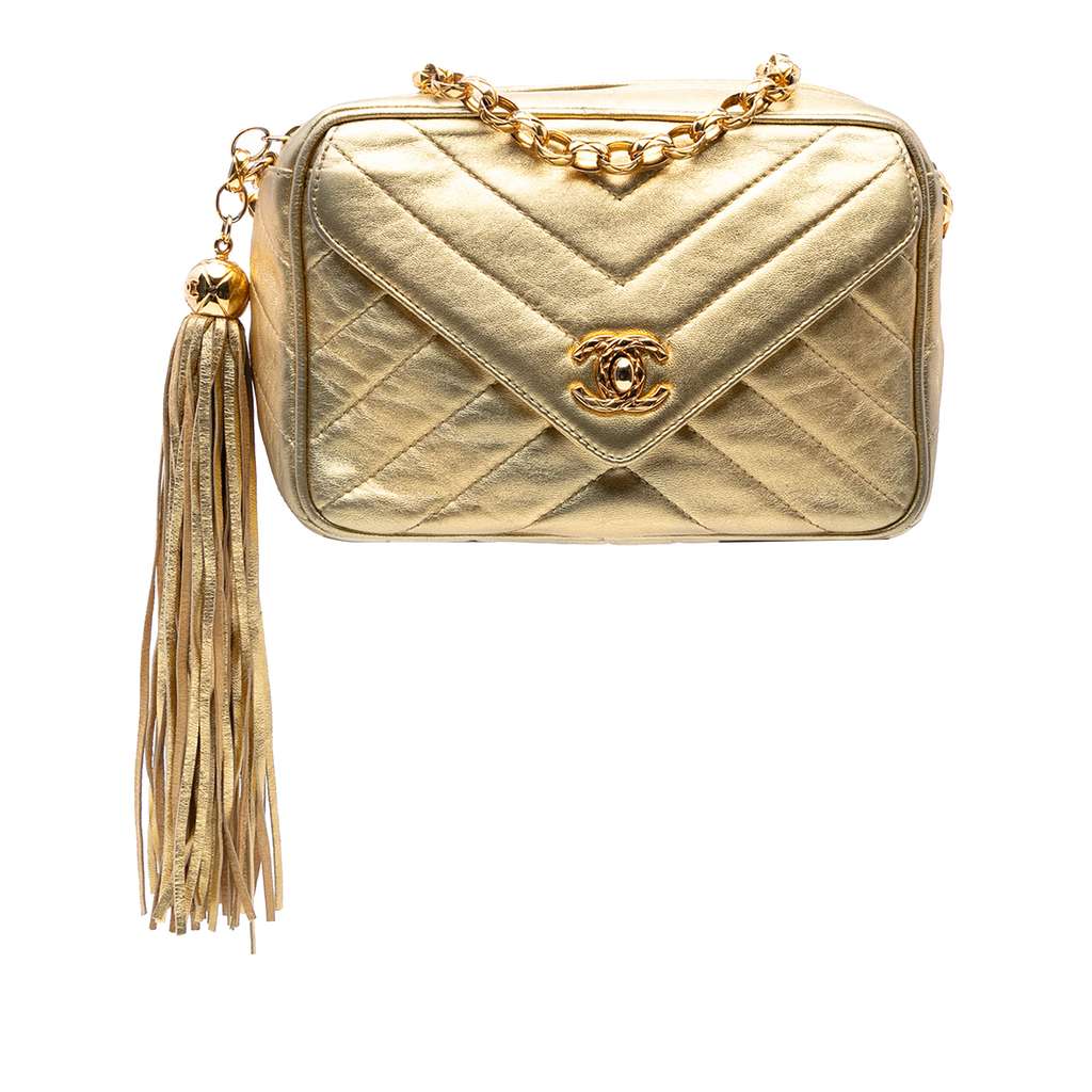 Chanel Chevron Metallic Lambskin Tassel Chain Camera Bag