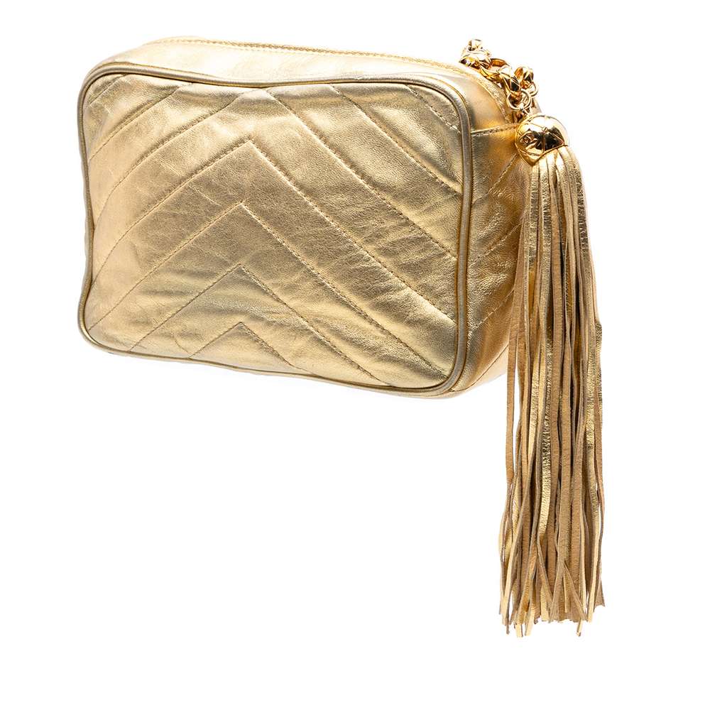 Chanel Chevron Metallic Lambskin Tassel Chain Camera Bag - Back view