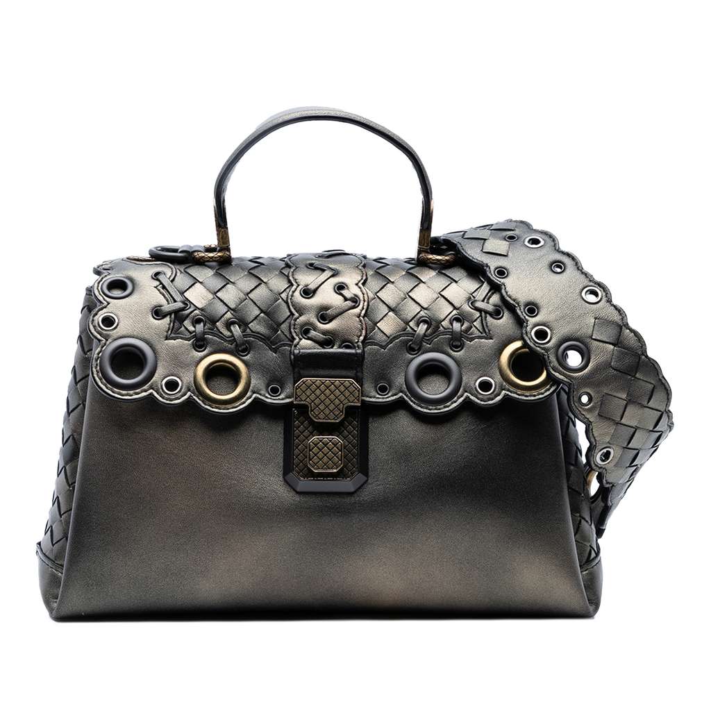 Bottega Veneta Small Intrecciato Trimmed Metallic Nappa Grommet Piazza Satchel